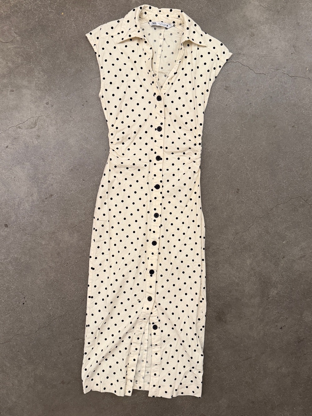 Zara Cream Midi Dress with Black Polka Dots and Collar